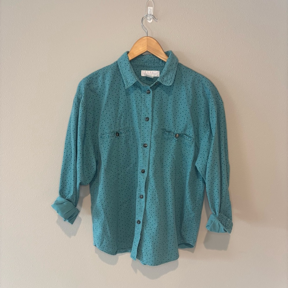 VINTAGE 90s SEGRETS SUN PRINTS Blue 100% Cotton Button Down Casual Shirt Medium